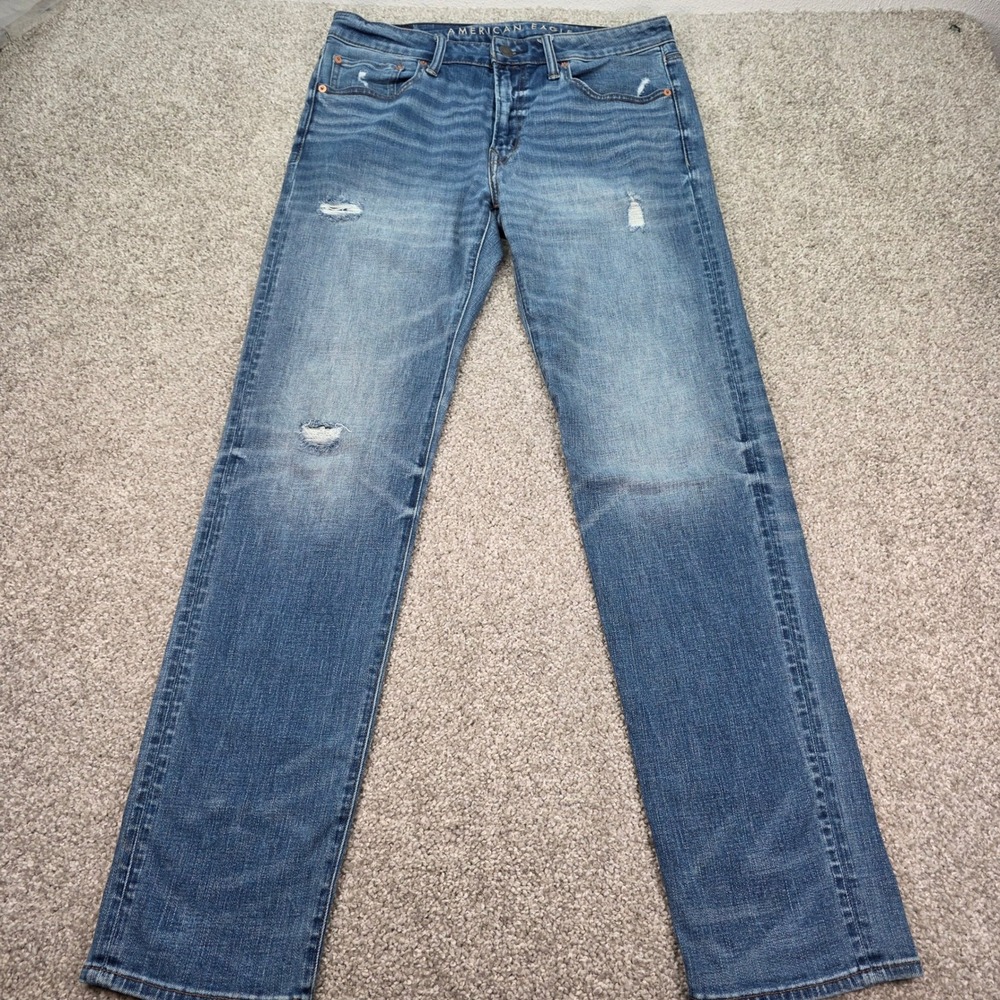 American Eagle Airflex+ Slim Jeans Mens 34x34 Medium Wash Distressed Blue Denim